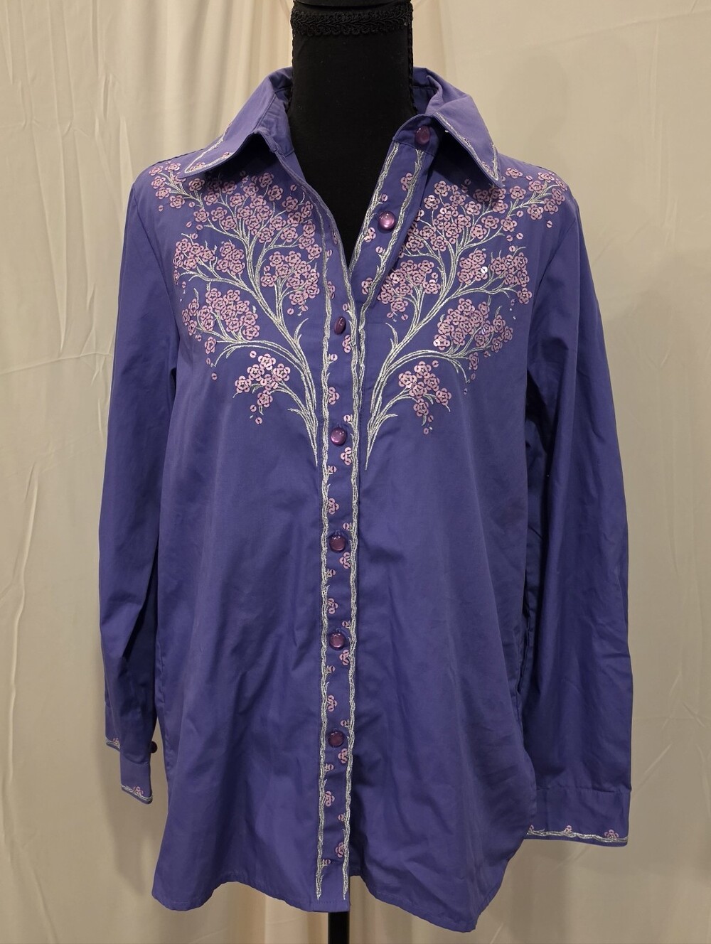Bob Mackie Wearable Art Purple Silver Floral Button Shirt Womens XS EUC Vintage